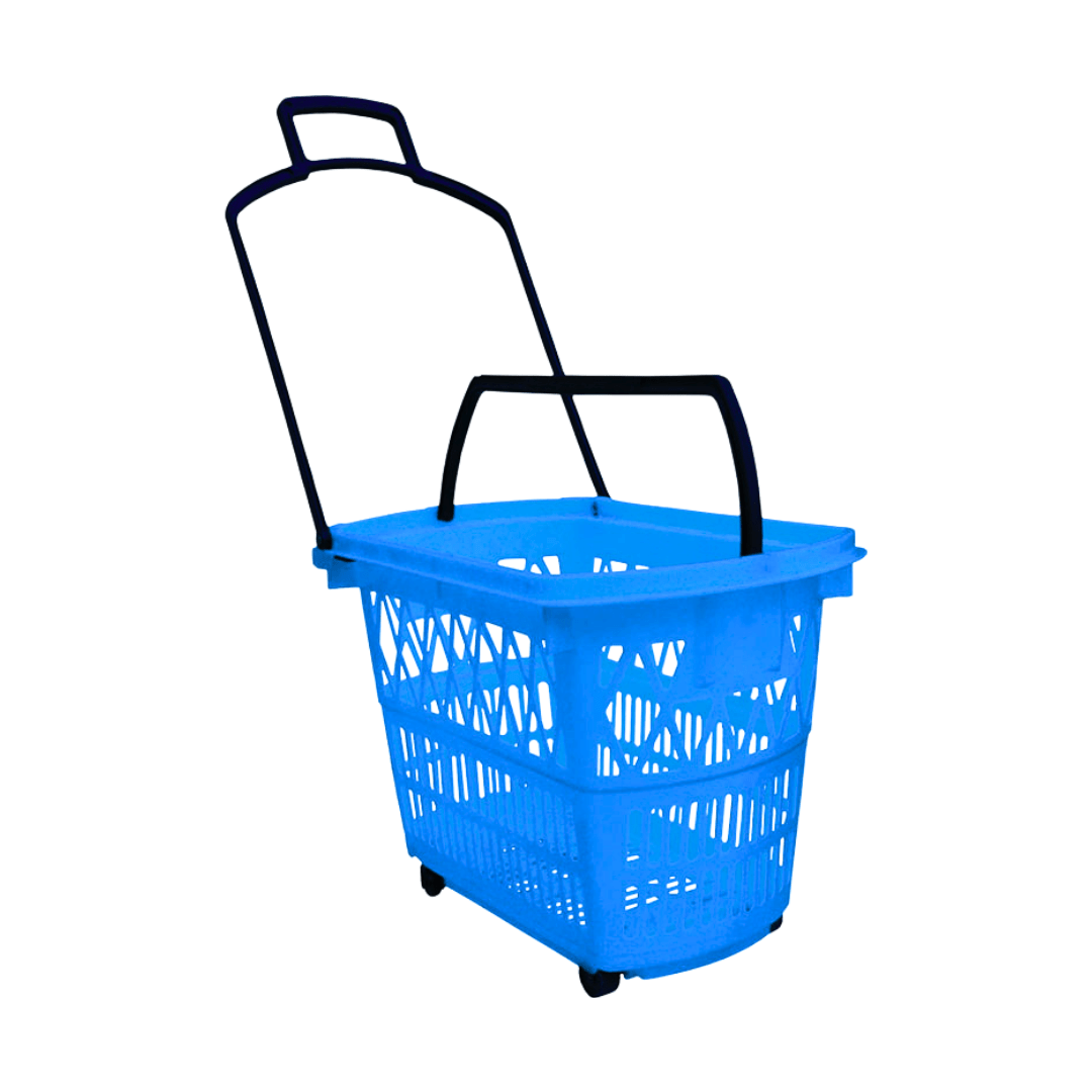 cesta 4 ruedas de 28 litros azul con asas negras de plasticos fleta